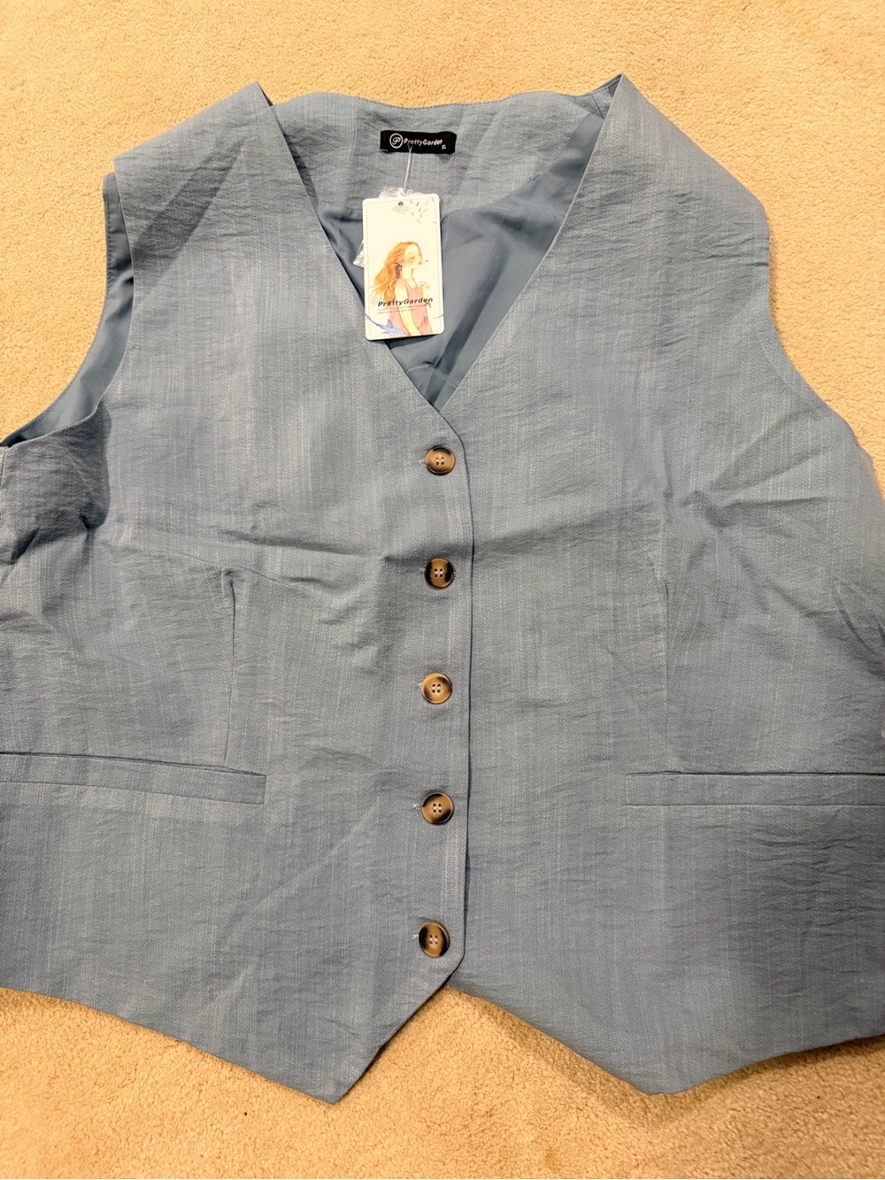 Light Blue Linen-Look Button Front Vest